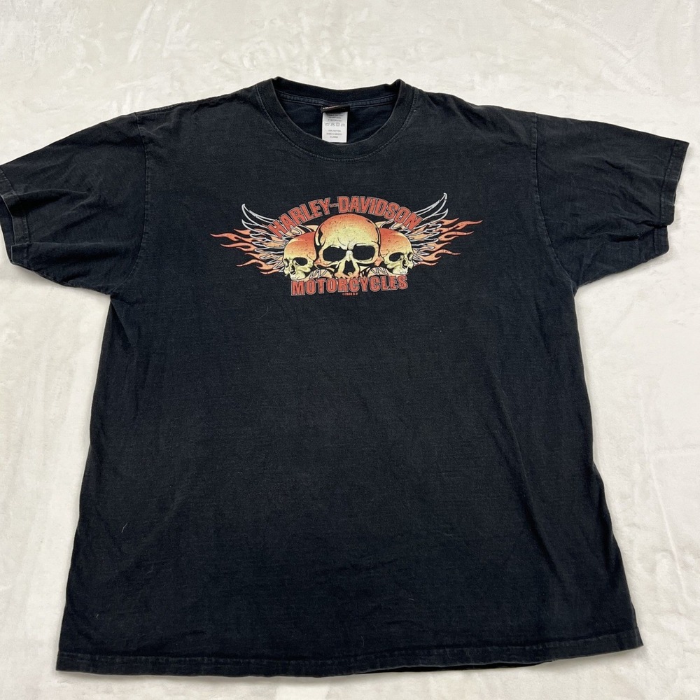 Harley Davidson T-Shirt Mens XL Black Skulls Flames Graphic Tee 2008 100% Cotton